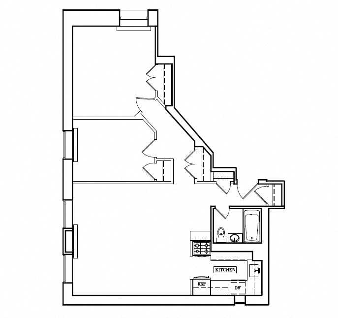 Floor plan for 2 beds, 1 bath, 860 sqft